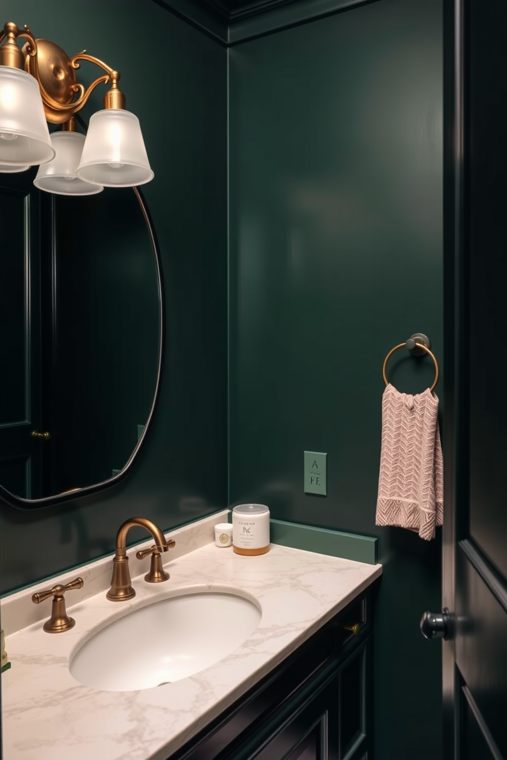 A classic powder room design featuring deep dark green walls that create a rich and inviting atmosphere. The centerpiece is a luxurious marble countertop with elegant fixtures, complemented by tasteful accessories that enhance the overall aesthetic.