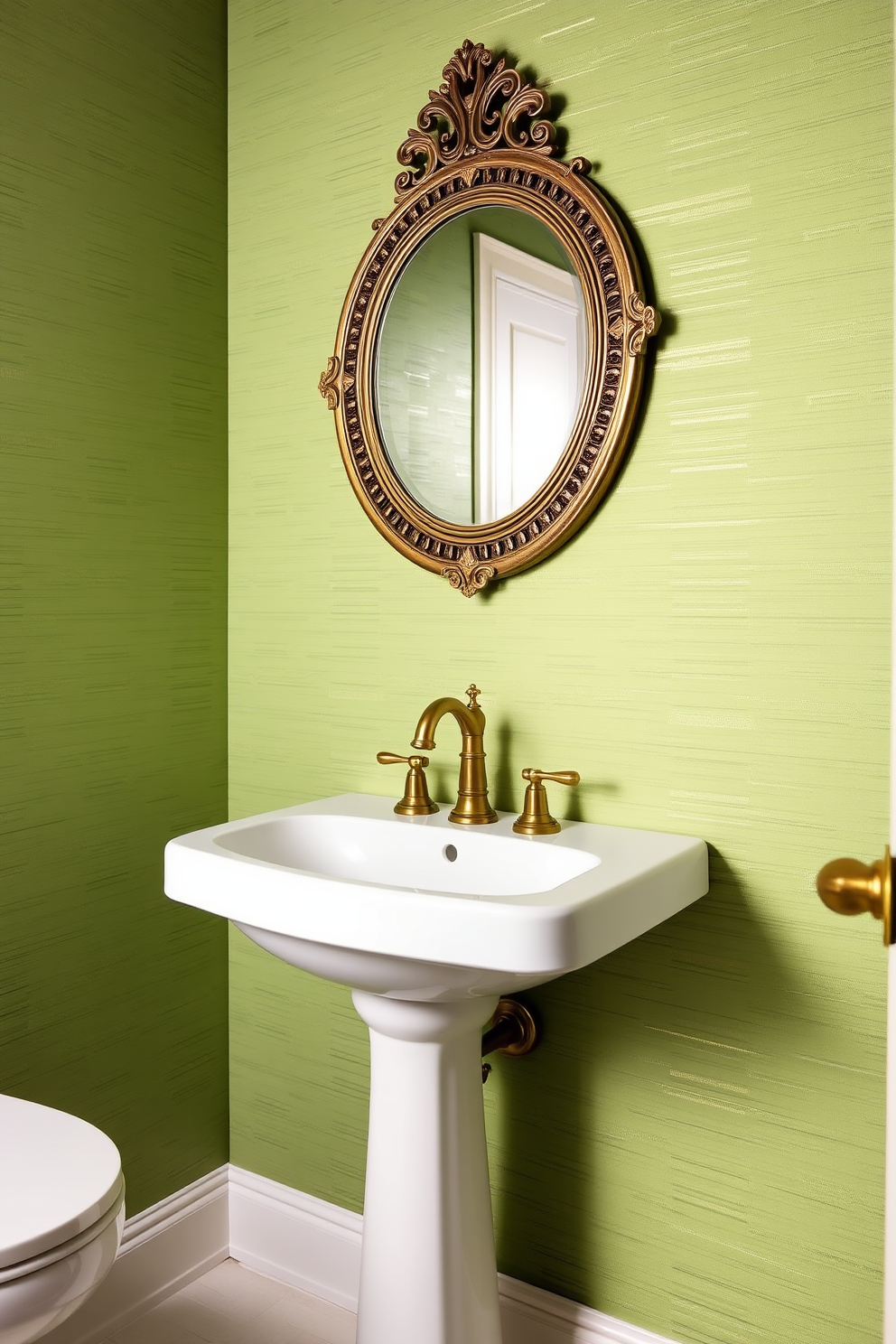 Textured green wallpaper with subtle shimmer creates a luxurious backdrop in a chic powder room. A sleek white pedestal sink is complemented by a gold faucet, while a round mirror with an ornate frame hangs above it.