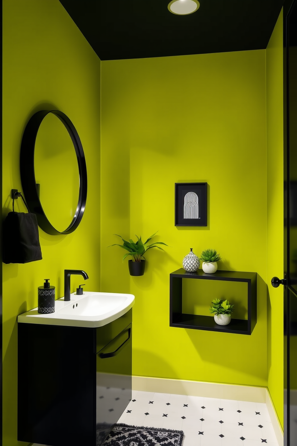 A vibrant chartreuse powder room features sleek black accents that create a striking contrast. The walls are painted in a bold chartreuse shade, while a black vanity with a modern sink sits elegantly against one wall. A large round mirror with a black frame hangs above the vanity, reflecting the room's lively color. Decorative elements like black and white artwork and vibrant green plants add personality and charm to the space.