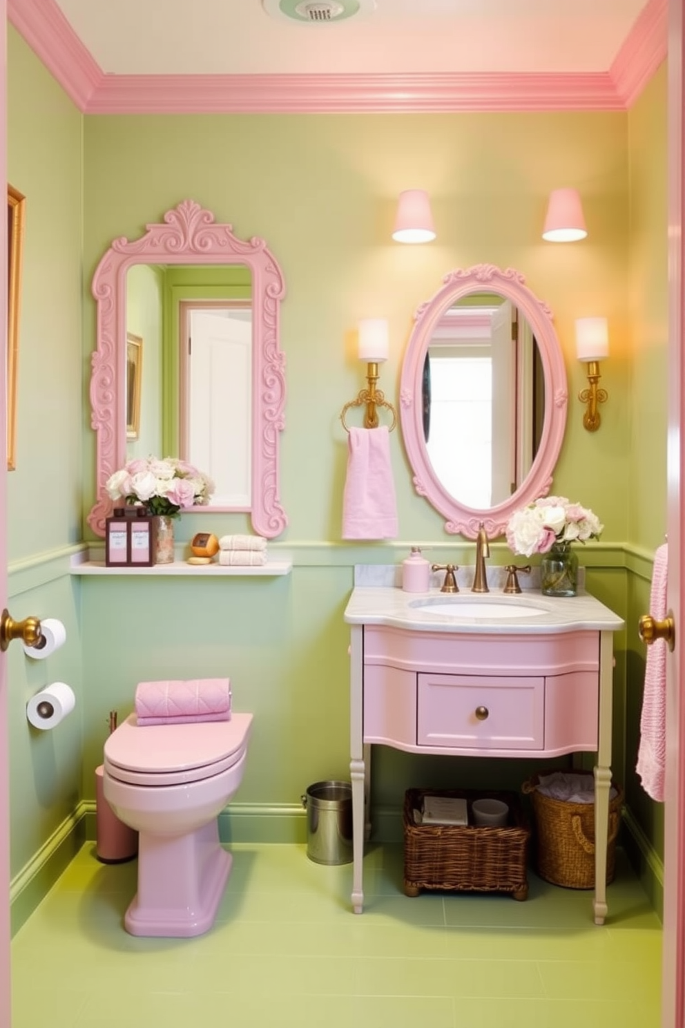 A pastel green powder room features soft pink accessories that create a harmonious and inviting atmosphere. The walls are painted in a soothing pastel green, complemented by a chic pink vanity and decorative accents throughout the space.