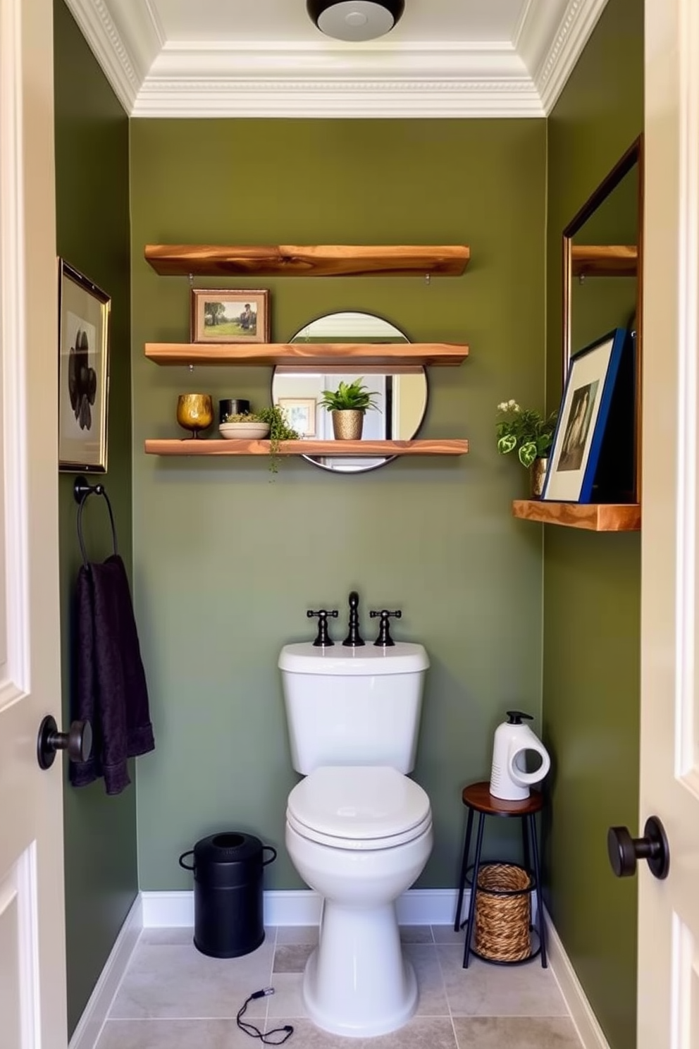 A warm moss green powder room featuring wooden shelves that create a cozy and inviting atmosphere. The walls are painted in a soft moss green, complemented by natural wood shelves displaying decorative items and plants.