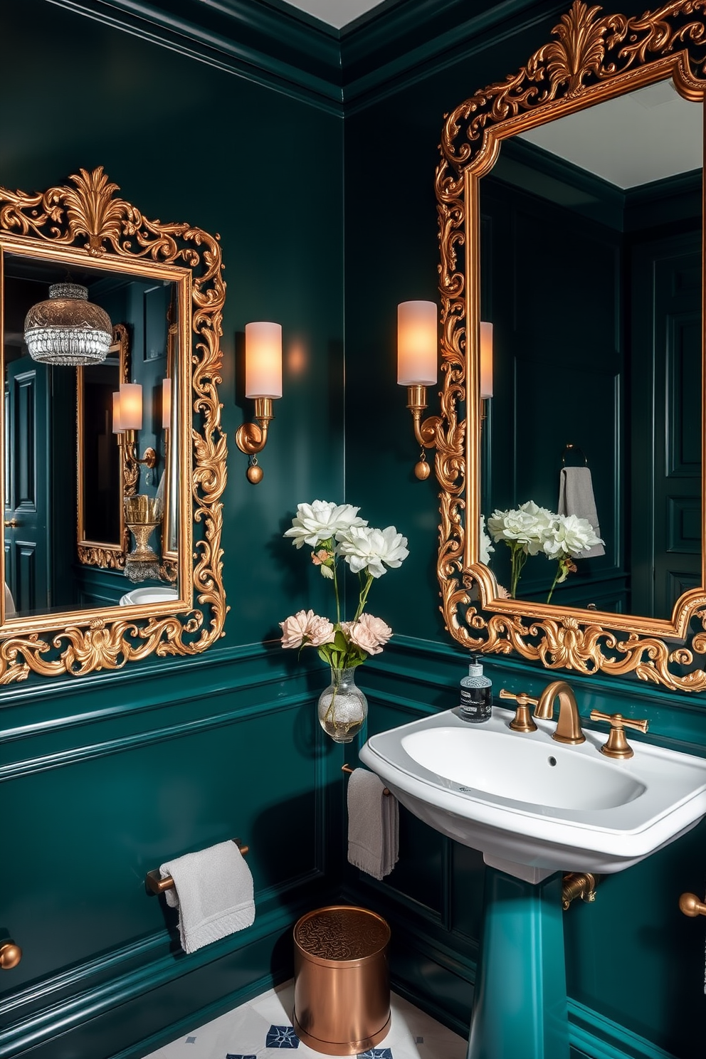 Glossy green tiles cover the walls of a chic powder room, reflecting light and creating a vibrant atmosphere. The space is adorned with minimalist decor, featuring a sleek white sink and a simple wooden shelf for essential items. A large round mirror hangs above the sink, enhancing the sense of openness and elegance. Soft, warm lighting illuminates the room, highlighting the glossy tiles and creating a welcoming ambiance.