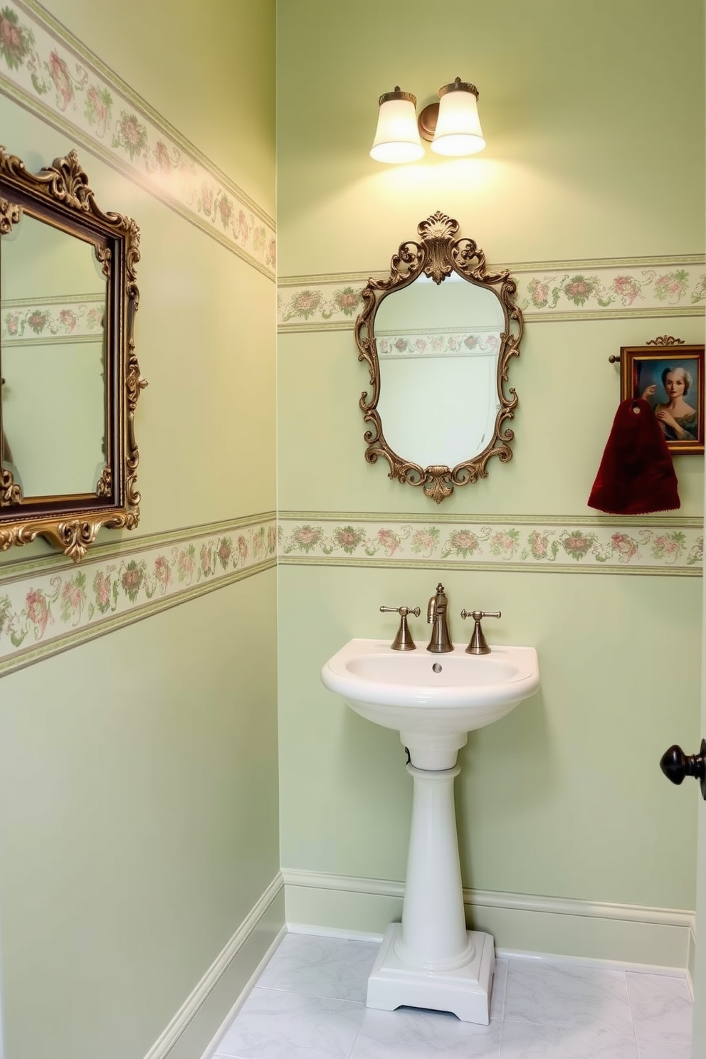 Light green walls adorned with vintage wallpaper borders create a charming atmosphere in the powder room. A classic pedestal sink sits against one wall, complemented by a decorative mirror with an ornate frame.