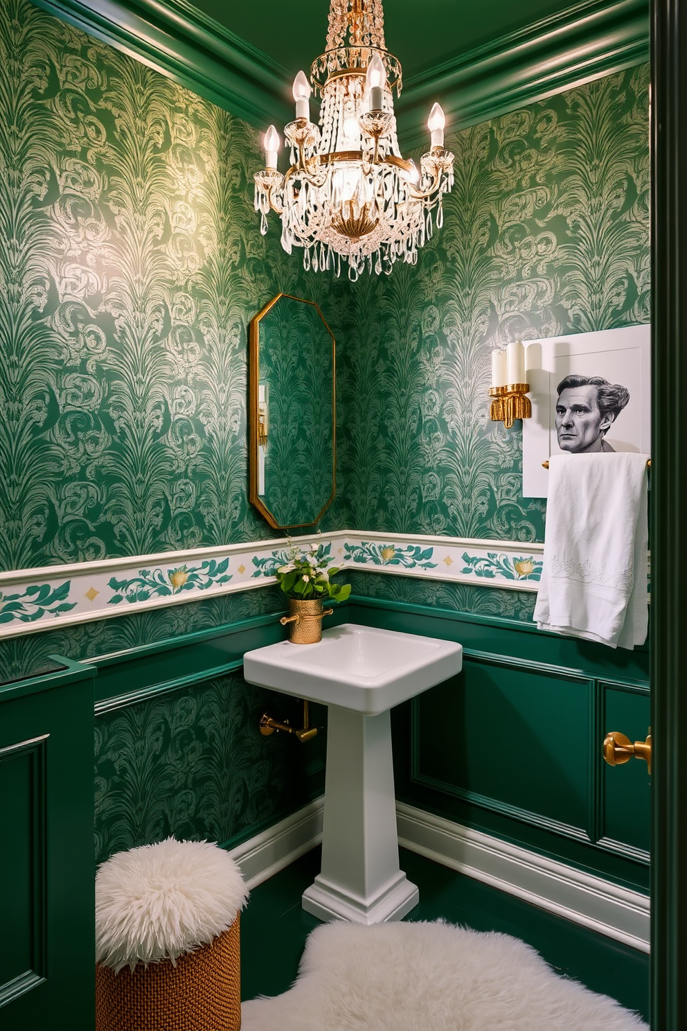 A luxurious emerald green powder room features a stunning crystal chandelier that casts a warm glow across the space. The walls are adorned with intricate wallpaper that complements the rich hue, creating a sophisticated atmosphere. A sleek white pedestal sink is positioned against the wall, accented by elegant gold fixtures. Decorative accents such as a plush white rug and fresh greenery enhance the overall elegance of the room.