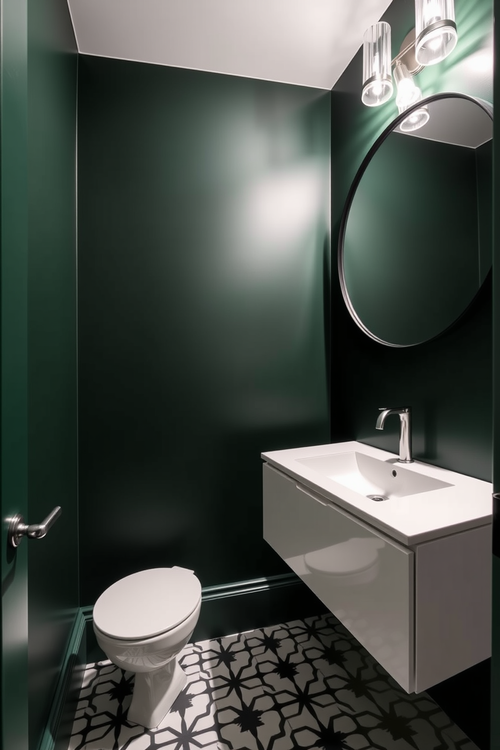 Chic dark green powder room featuring sleek modern fixtures. The walls are painted in a rich dark green hue, complemented by a minimalist white floating vanity with a polished chrome faucet. A large round mirror with a thin black frame hangs above the vanity, reflecting the elegant lighting fixtures. The floor is adorned with geometric patterned tiles in black and white, adding a contemporary touch to the space.