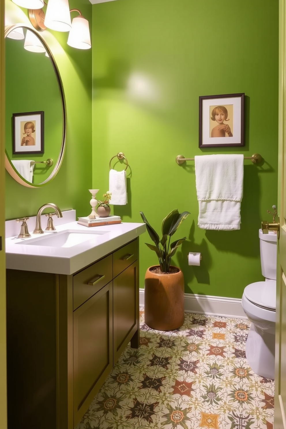 Bright olive green walls create a lively atmosphere in this powder room. Playful patterns adorn the floor and accessories, adding a touch of whimsy to the design. The vanity features a sleek white countertop with unique fixtures that complement the vibrant color scheme. Decorative elements like artwork and plants enhance the playful yet sophisticated vibe of the space.