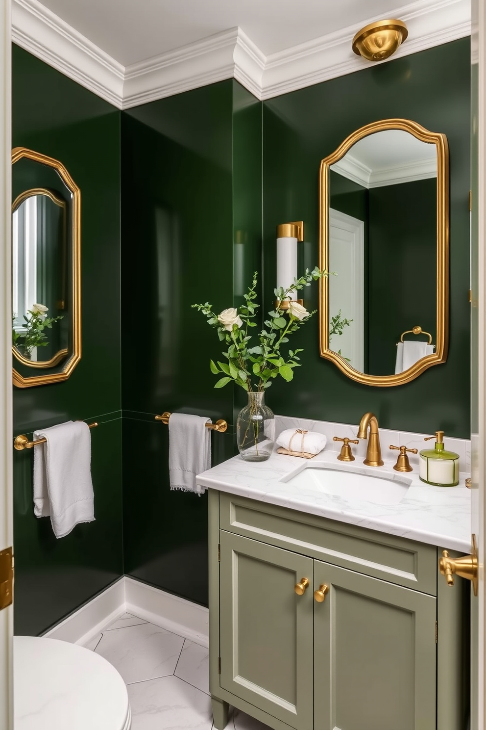 A vintage green sink is the focal point of this charming powder room, surrounded by delicate floral decor that enhances its nostalgic appeal. The walls are adorned with soft pastel hues, complementing the sink and creating a serene atmosphere perfect for relaxation.