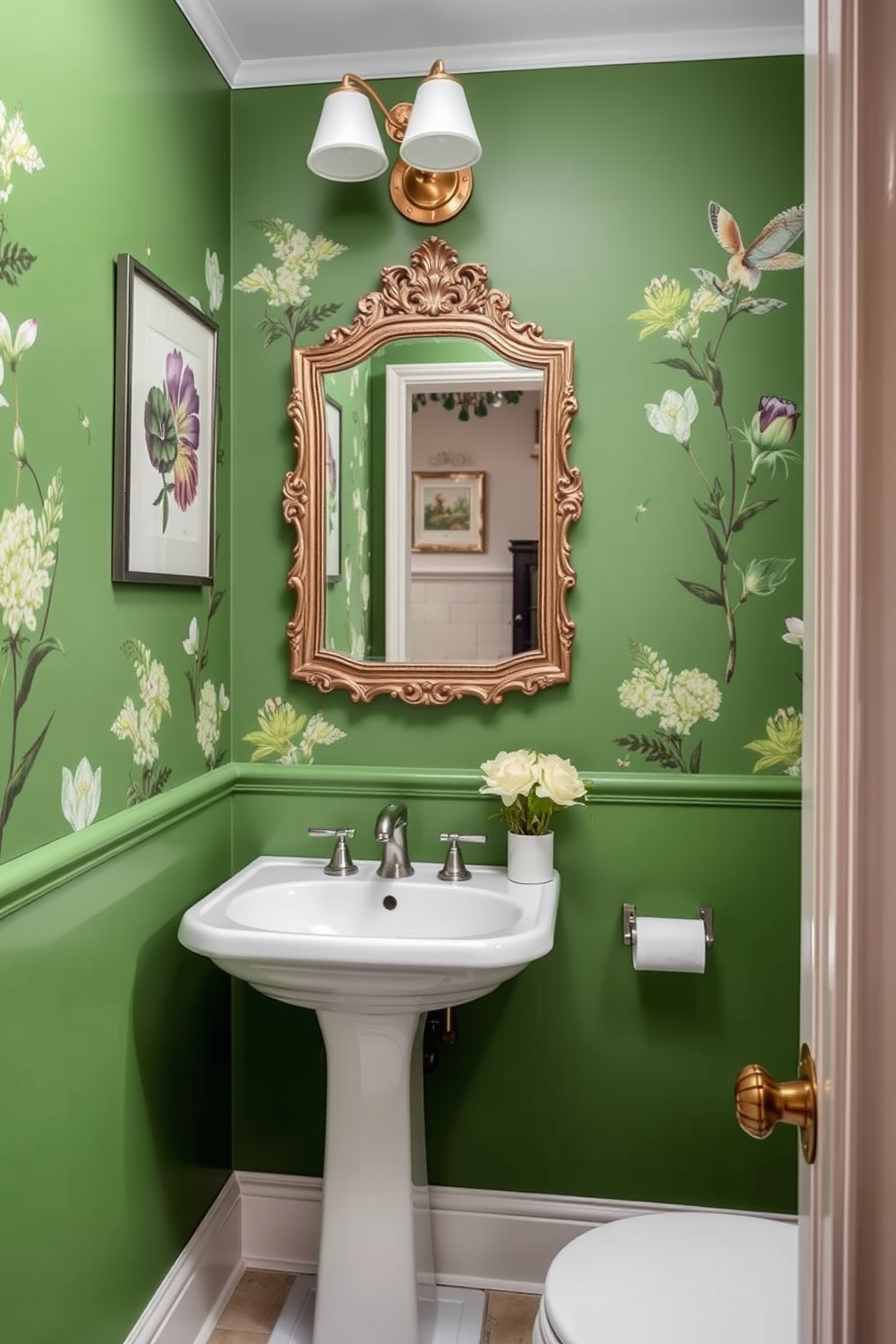 Lively green powder room featuring botanical prints on the walls. The space includes a sleek white pedestal sink and a vintage mirror with an ornate frame.