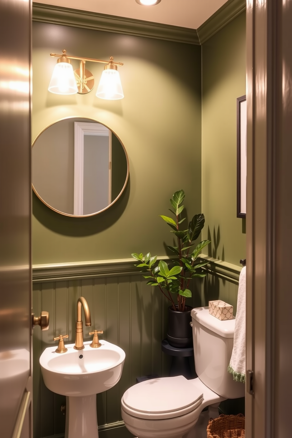 A vibrant powder room filled with tropical green plants that bring freshness and life to the space. The walls are painted in a soft pastel green, complemented by a sleek white vanity topped with a brushed gold faucet. Lush potted ferns and snake plants are strategically placed around the room, creating a serene oasis. A round mirror with a natural wood frame hangs above the vanity, reflecting the greenery and enhancing the room's inviting atmosphere.