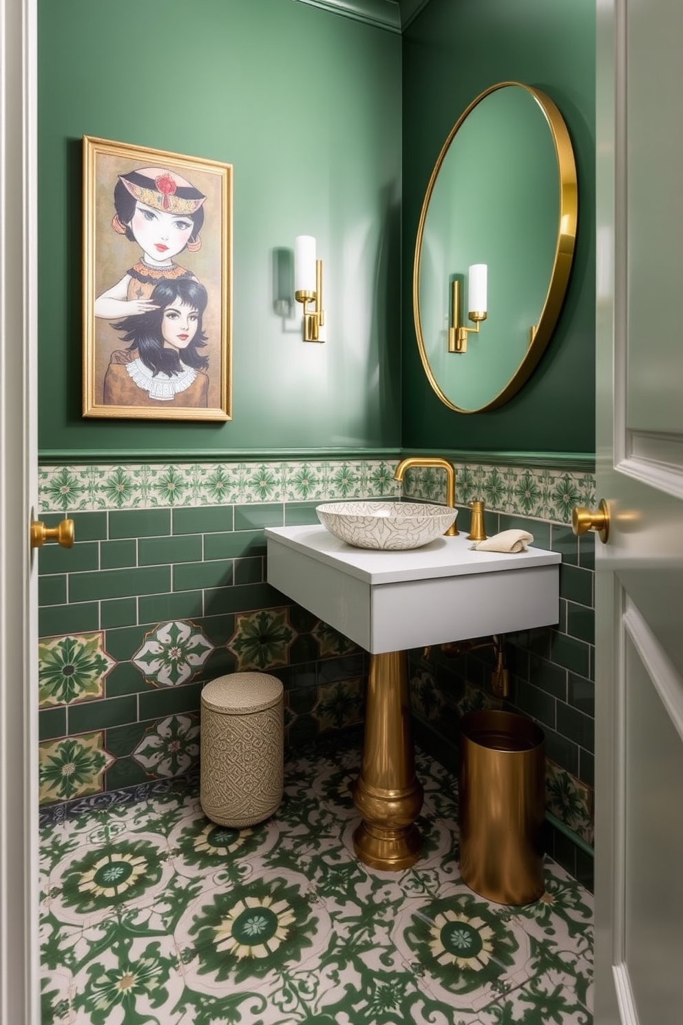 A bold green powder room features artistic tile designs that create a striking visual impact. The walls are painted in a rich green hue, complemented by intricate tile patterns on the floor and backsplash. The space is accented with a sleek white vanity topped with a decorative vessel sink. Elegant gold fixtures and a large round mirror enhance the room's sophisticated ambiance.