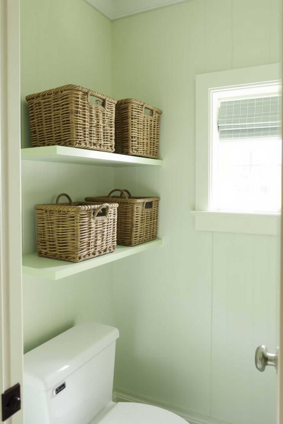 A soft pistachio green powder room features woven baskets elegantly arranged on shelves. The walls are adorned with a subtle texture, creating a serene atmosphere complemented by natural light streaming through a small window.