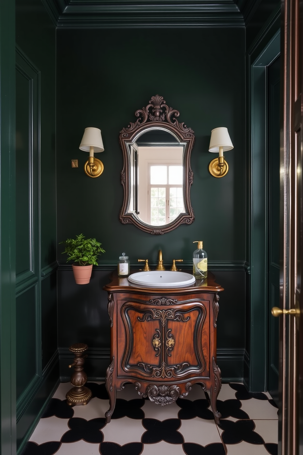 A dark forest green powder room features vintage fixtures that create a timeless elegance. The walls are adorned with rich green paint, complemented by ornate brass sconces and a vintage-style mirror above the sink. The flooring consists of classic black and white checkered tiles that enhance the room's charm. A wooden vanity with intricate detailing holds a porcelain sink, while a decorative potted plant adds a touch of freshness to the space.