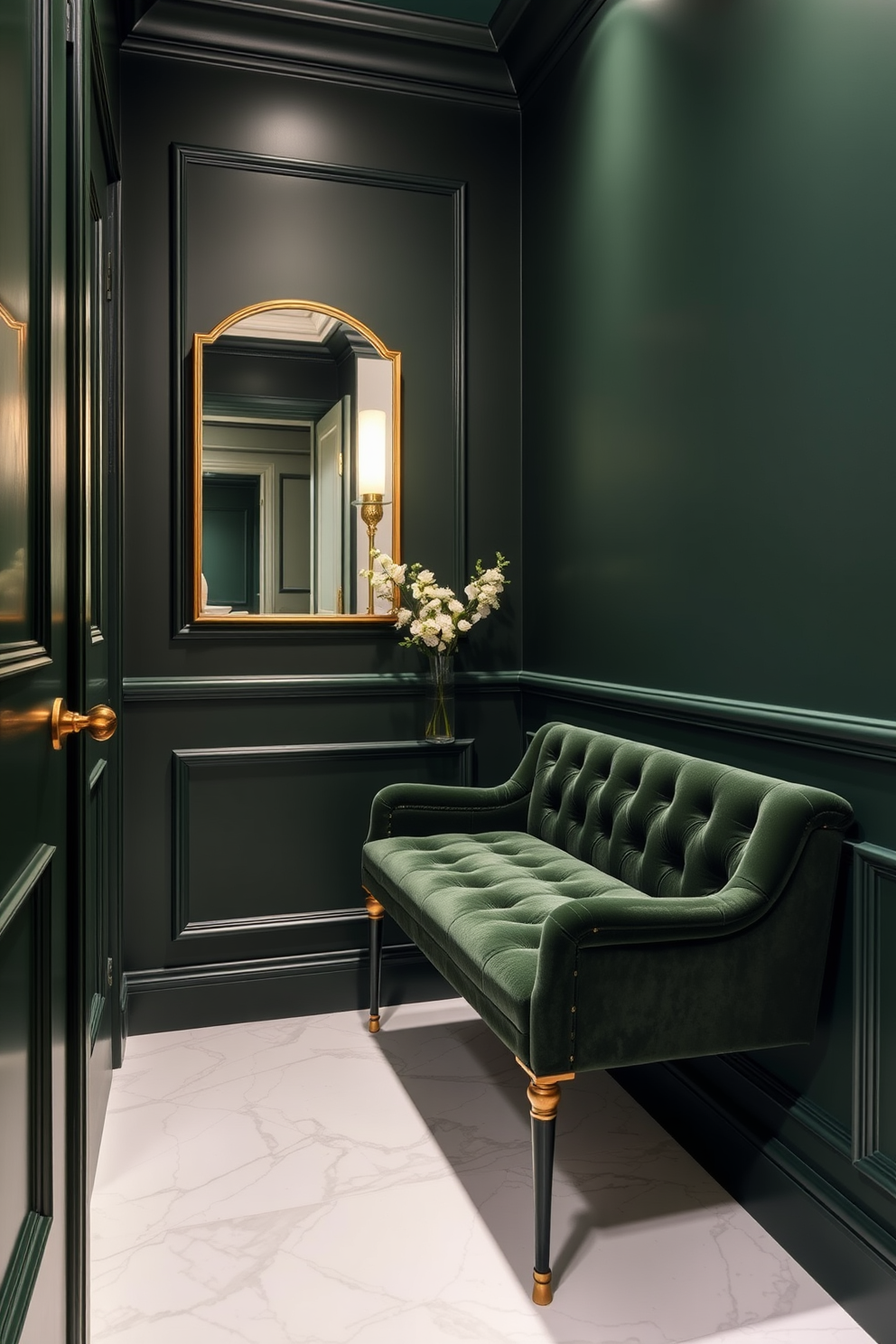 Elegant dark green powder room with plush textiles. The walls are adorned with a rich dark green hue, creating a cozy and inviting atmosphere. A luxurious velvet upholstered bench sits against one wall, complemented by soft gold accents. The flooring features intricate white marble tiles, enhancing the elegance of the space.