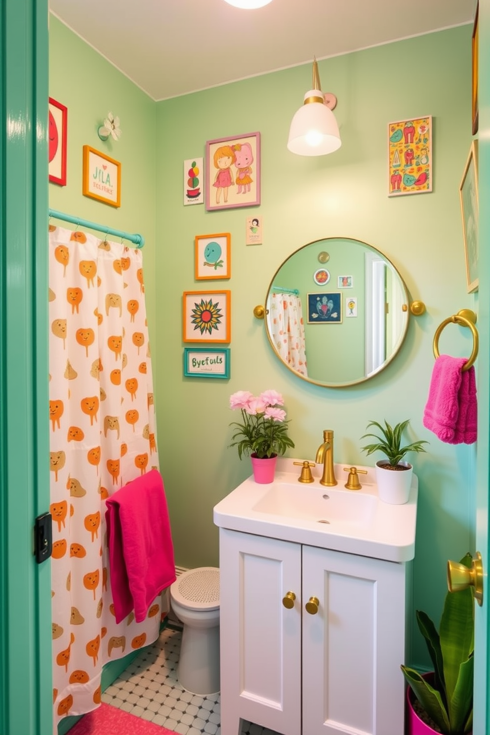 A bright mint green powder room features playful decor that brings a sense of whimsy and fun. The walls are adorned with quirky artwork and colorful accessories, creating an inviting atmosphere. The vanity is a sleek white with gold accents, topped with a round mirror that reflects the vibrant colors of the space. A playful, patterned shower curtain adds a pop of personality, while potted plants provide a touch of nature.