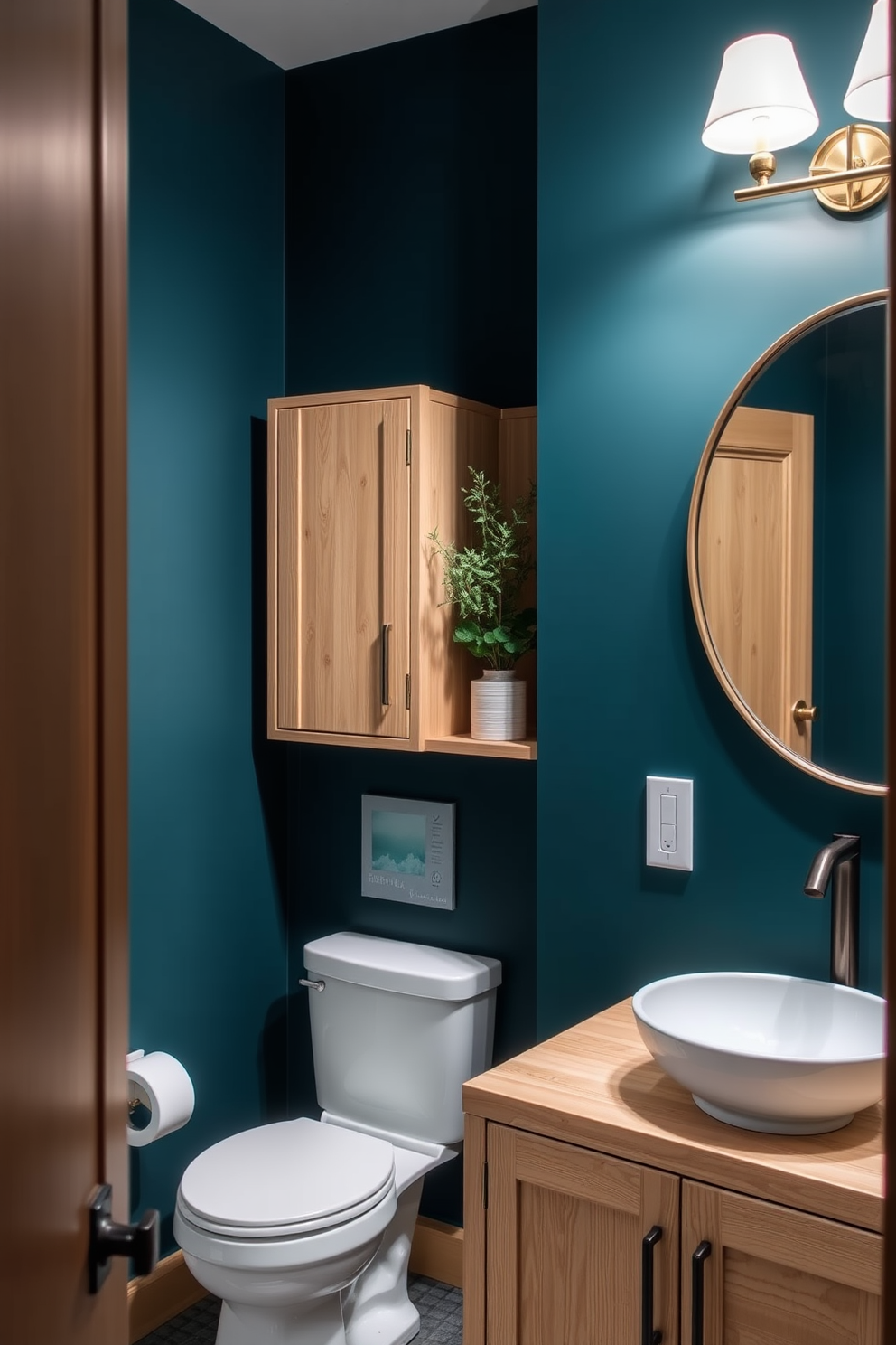 Deep teal walls create a rich and inviting atmosphere in the powder room. Light wood accents add warmth and contrast, enhancing the overall design aesthetic. Consider incorporating a sleek light wood vanity with a white vessel sink for a modern touch. Complement the look with decorative elements like greenery and stylish fixtures to complete the space.