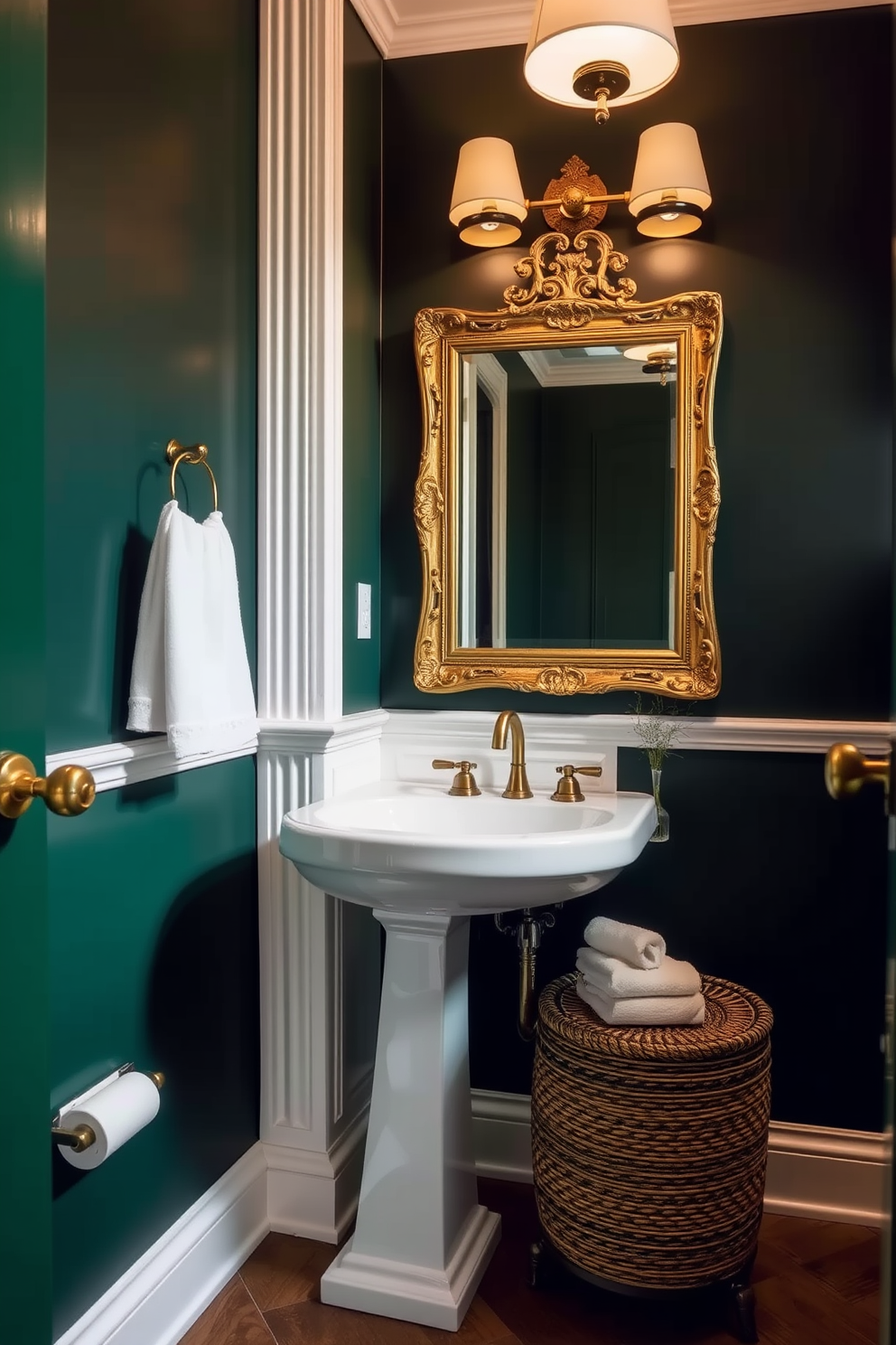 Moody olive green walls create a rich and inviting atmosphere in the powder room. The brass hardware adds a touch of elegance, complementing the overall design. A chic pedestal sink is paired with a vintage mirror featuring an ornate brass frame. Soft lighting fixtures enhance the ambiance, casting a warm glow throughout the space.