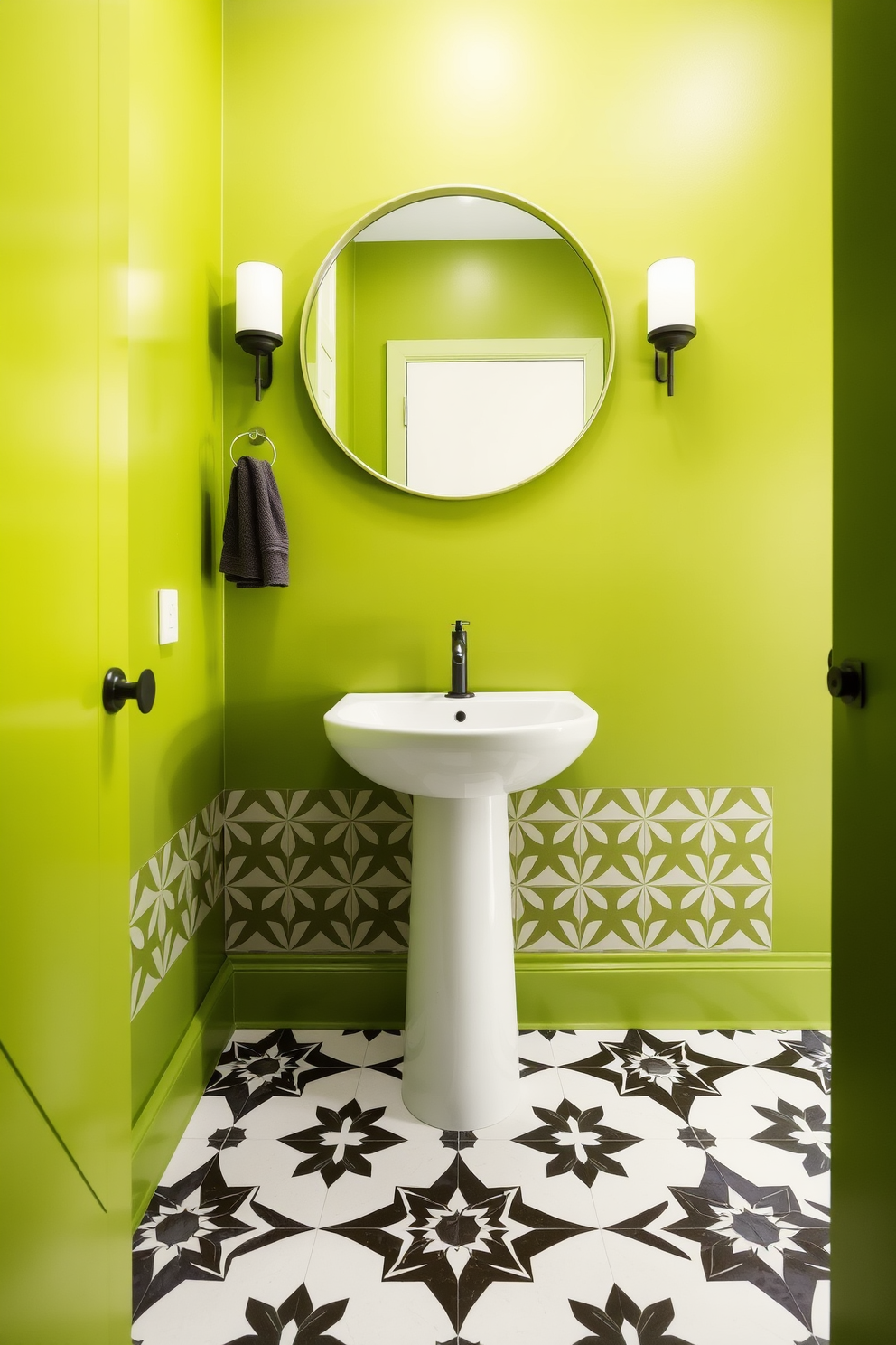 A bold avocado green powder room features geometric tiles that create a striking visual contrast. The walls are painted in a vibrant avocado green, while the floor is adorned with intricate geometric patterns in white and black. A sleek pedestal sink is positioned against the wall, complemented by a stylish wall-mounted faucet. Above the sink, a large round mirror with a minimalist frame reflects the room's vibrant colors and shapes.