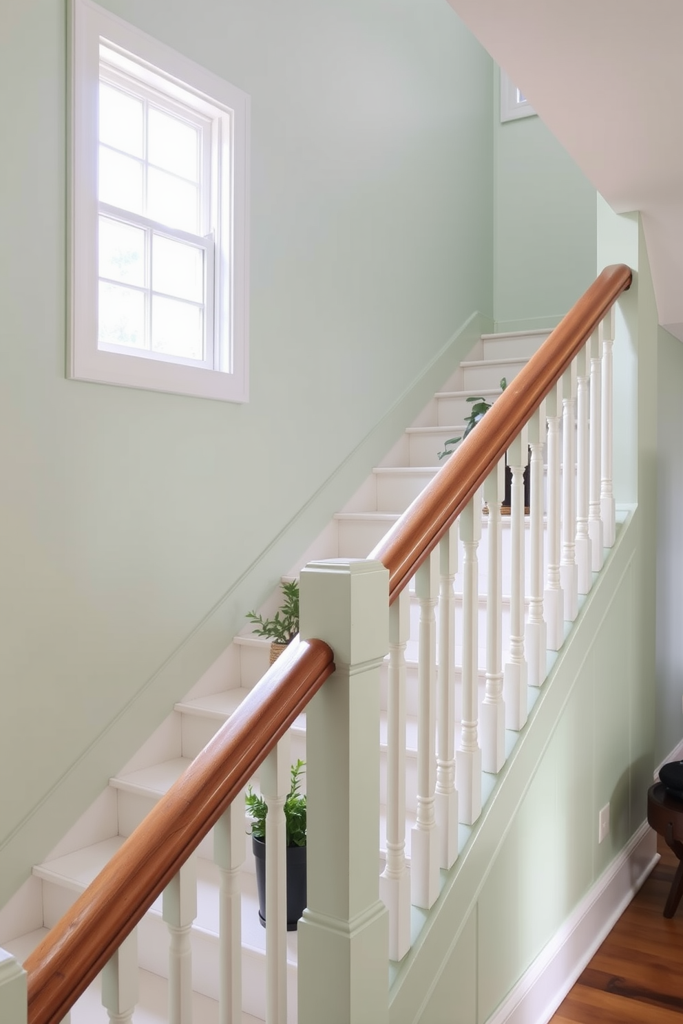 Light green painted risers create a fresh and inviting atmosphere in a modern home. The staircase features sleek wooden treads and a minimalist railing that enhances the overall aesthetic. Incorporate natural light through large windows that illuminate the staircase. Add greenery in the form of potted plants on the landing to complement the light green hues.