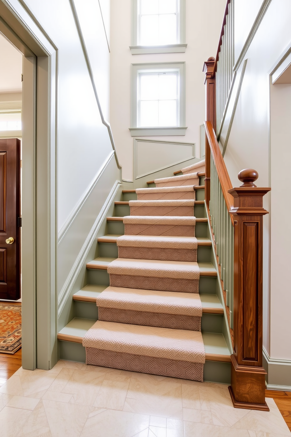 A sage green staircase with matching trim elegantly curves upward, creating a striking focal point in the entryway. The soft hue of the sage green adds a serene touch, complemented by the polished wooden handrail that enhances its sophistication. The staircase features a plush runner in a subtle geometric pattern, inviting guests to ascend with comfort. Natural light filters through a nearby window, illuminating the space and highlighting the harmonious color palette of the design.