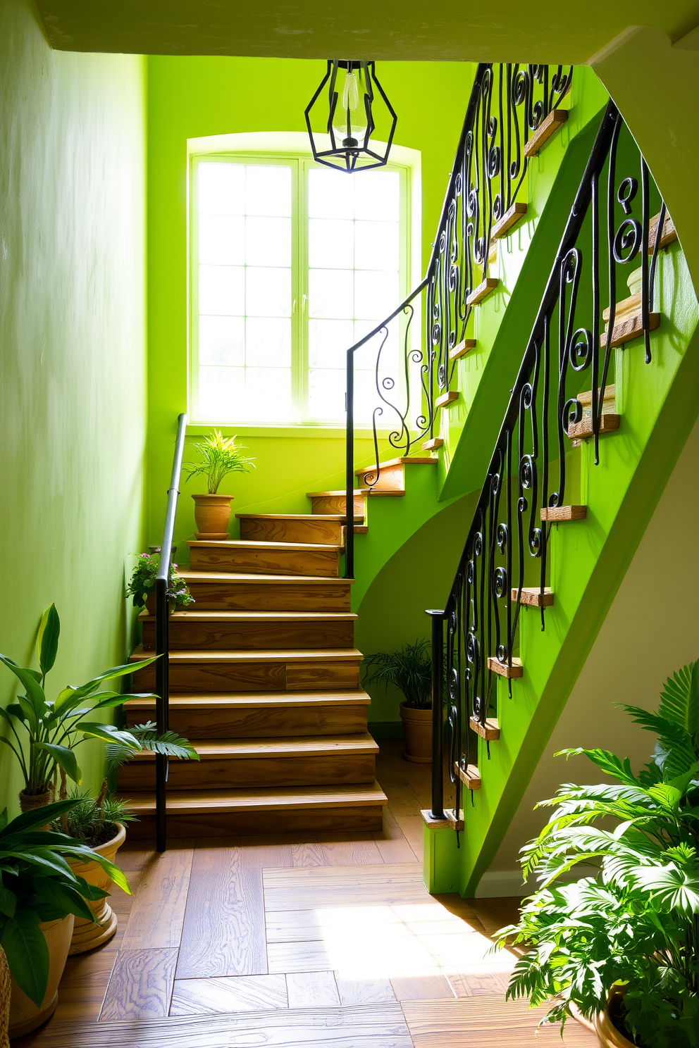 Bright green staircase with rustic charm. The staircase features wooden steps with a distressed finish, accented by wrought iron railings that add a touch of elegance. Natural light floods the space through a large window, illuminating the vibrant green hue of the staircase. Surrounding the staircase are potted plants that enhance the organic feel of the design.