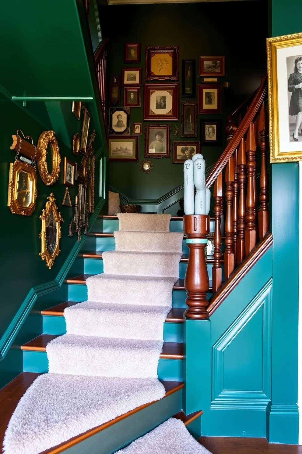 A deep green staircase ascends gracefully, adorned with vintage decor elements that evoke a sense of timeless elegance. The wooden handrail features intricate carvings, while the walls are lined with framed vintage photographs that add character and charm.