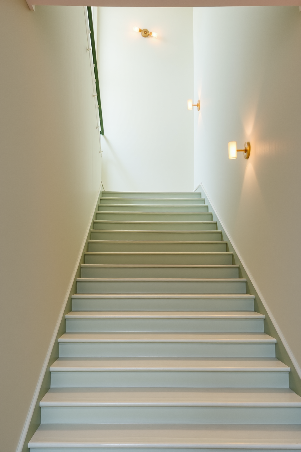 A muted green staircase with sleek, modern lighting creates an inviting atmosphere. The walls are adorned with minimalist artwork that complements the staircase's elegant hue. The steps feature a smooth finish, enhancing the contemporary aesthetic of the space. Strategically placed LED lights illuminate the staircase, highlighting its design and providing safety.