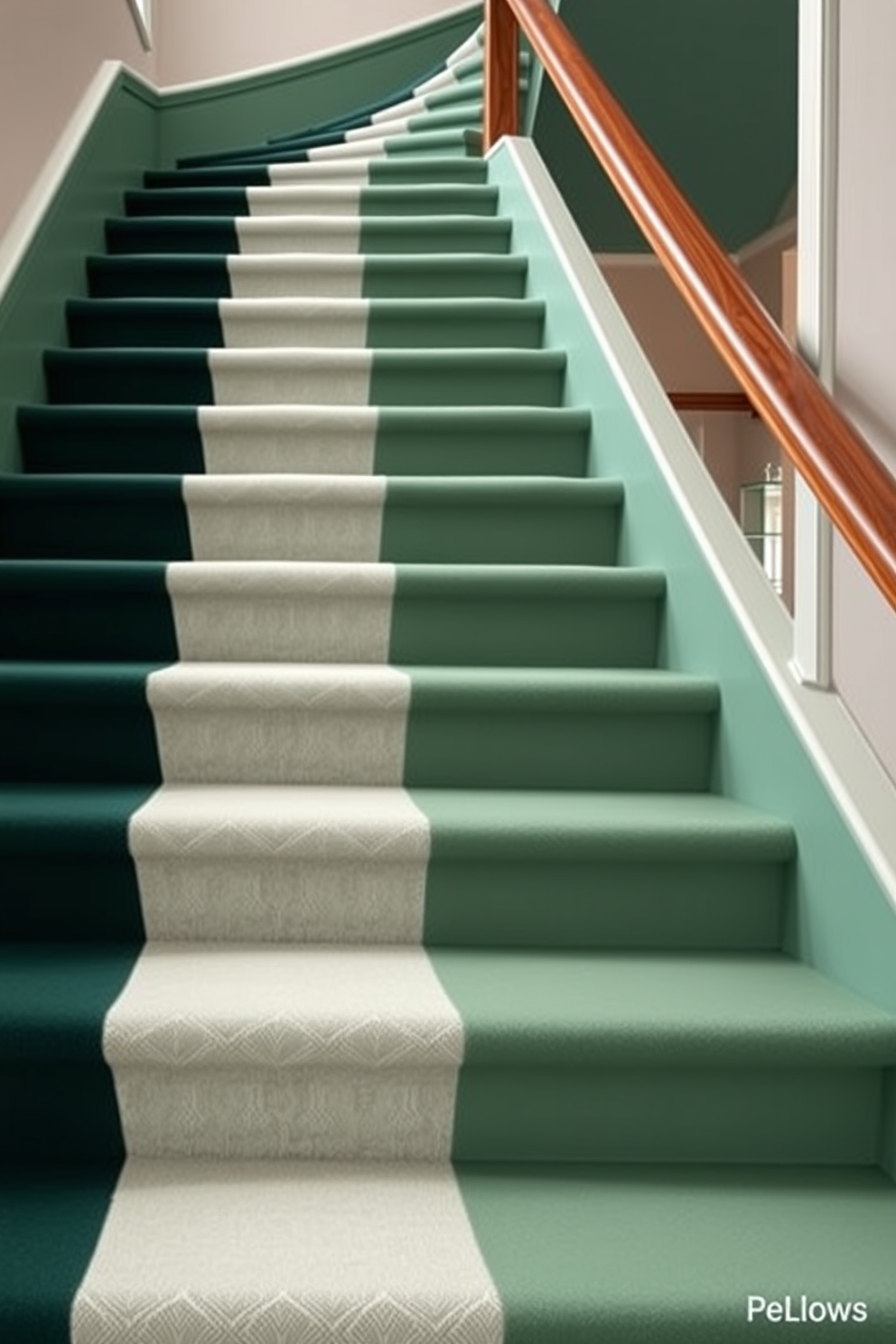 A stunning two-tone green staircase with a blend of deep forest green and soft mint accents. The steps are complemented by a sleek wooden railing that adds warmth and elegance to the design.