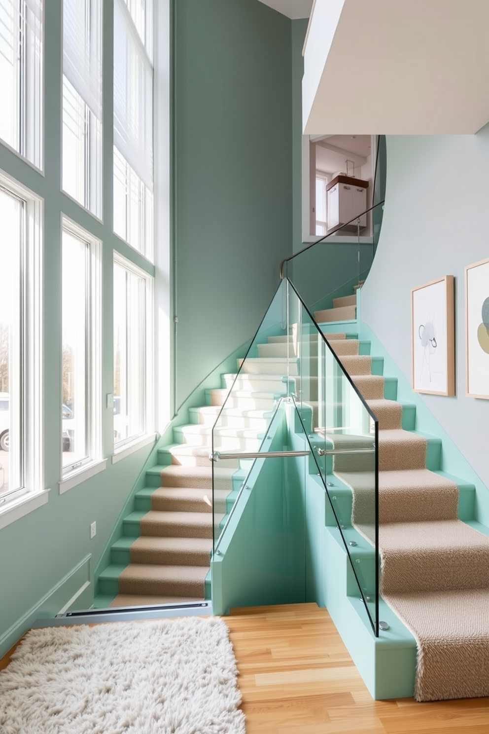 A stunning seafoam green staircase features a sleek glass railing that enhances the airy feel of the space. The staircase is illuminated by natural light streaming through large windows, creating a serene and inviting atmosphere. The walls adjacent to the staircase are adorned with minimalist artwork that complements the color scheme. A plush runner in neutral tones adds warmth and texture to the overall design.