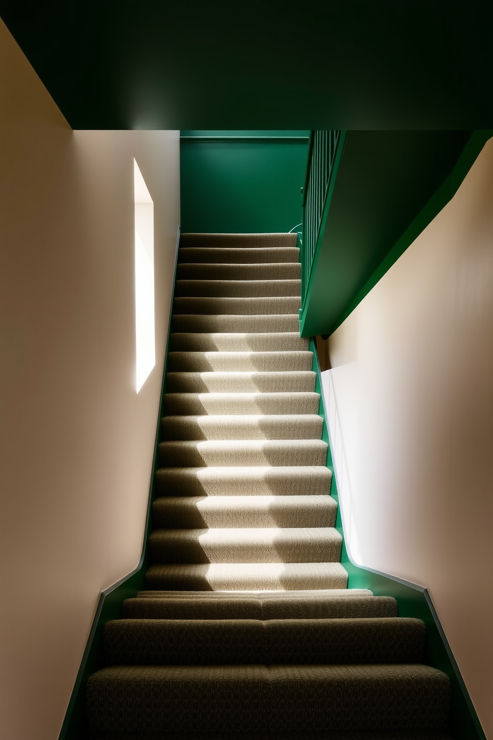 A stunning two-tone staircase design featuring a vibrant green base with crisp white risers. The handrail is crafted from polished wood, adding a touch of warmth to the modern aesthetic. Natural light floods the space through large windows, highlighting the contrasting colors and textures. Decorative potted plants are placed on the landing, enhancing the fresh and inviting atmosphere.