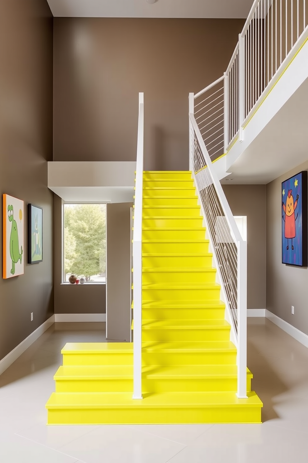 A bold green staircase features striking geometric patterns that create a dynamic visual impact. The staircase is surrounded by sleek metal railings and illuminated by natural light streaming through large windows. The walls adjacent to the staircase are painted in a complementary neutral tone, enhancing the vibrancy of the green. Decorative artwork and plants are strategically placed to add warmth and character to the space.