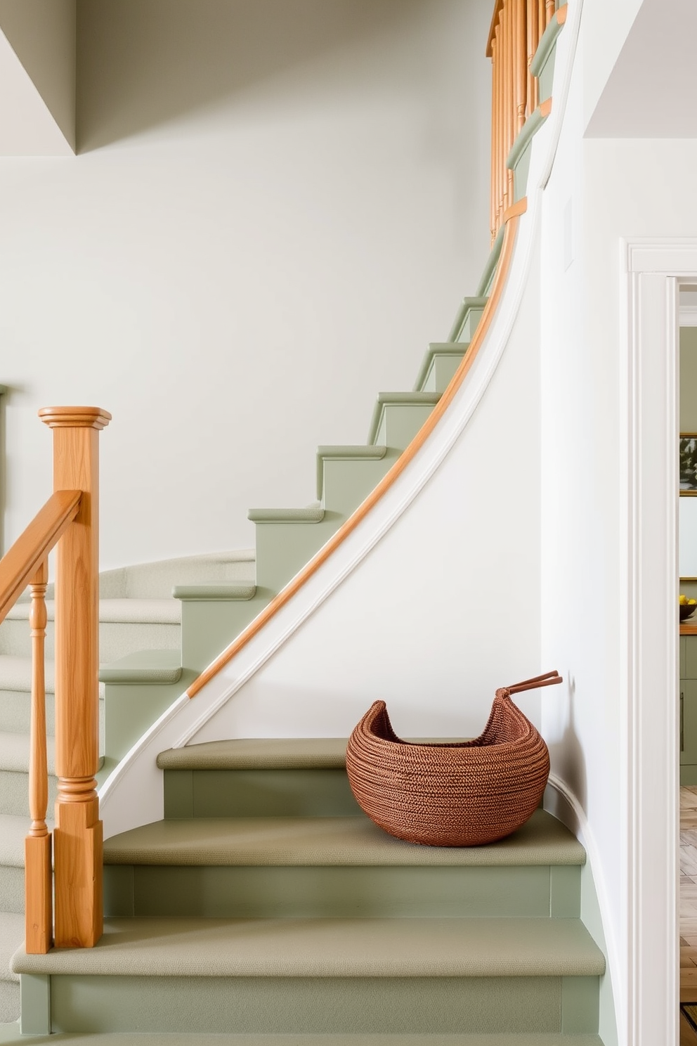 A serene pastel green staircase features clean lines and a minimalist aesthetic. The steps are complemented by a sleek metal railing that enhances the airy feel of the space. Natural light floods the area, highlighting the soft hue of the stairs. Potted plants are placed strategically on the landing, adding a touch of nature to the design.