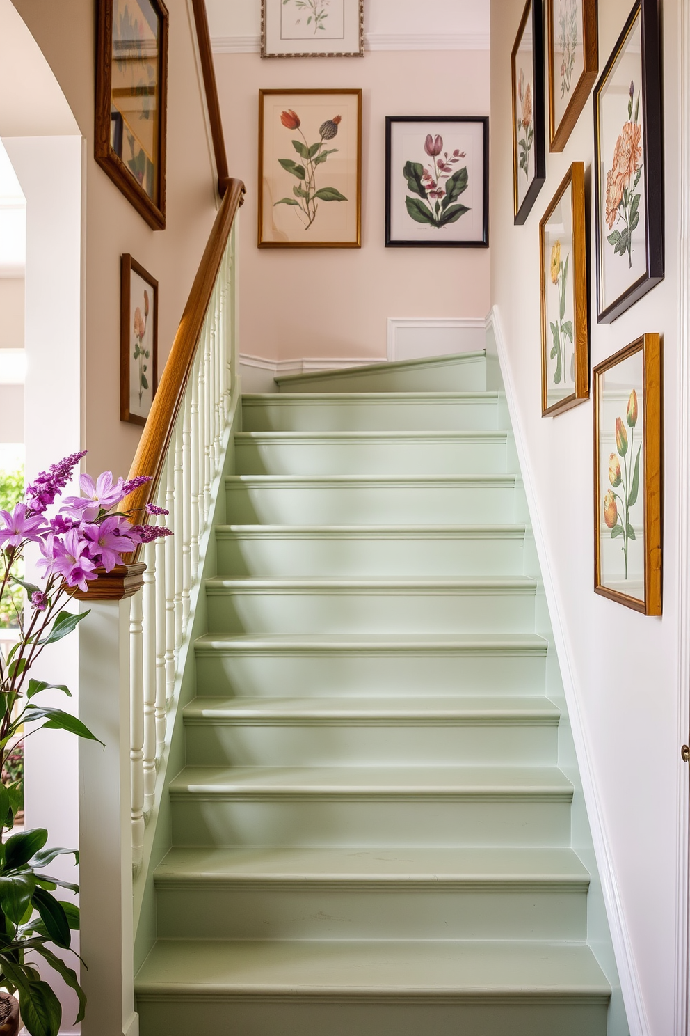 A charming cottage-style staircase painted in a soft green hue is surrounded by lush potted plants on each step. Natural light filters in through a nearby window, illuminating the wooden banister and creating a warm, inviting atmosphere.