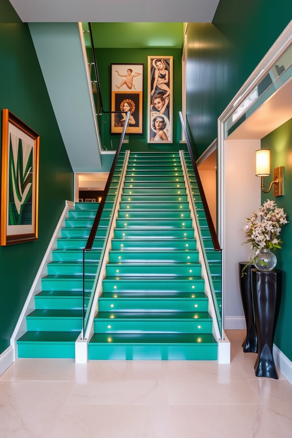 A bold emerald staircase with sleek white accents creates a stunning focal point in the entryway. The staircase features a modern design with a glass railing that enhances the open feel of the space. Surrounding the staircase, the walls are adorned with elegant artwork that complements the rich green hue. Soft lighting fixtures illuminate the steps, adding warmth and inviting ambiance to the overall design.