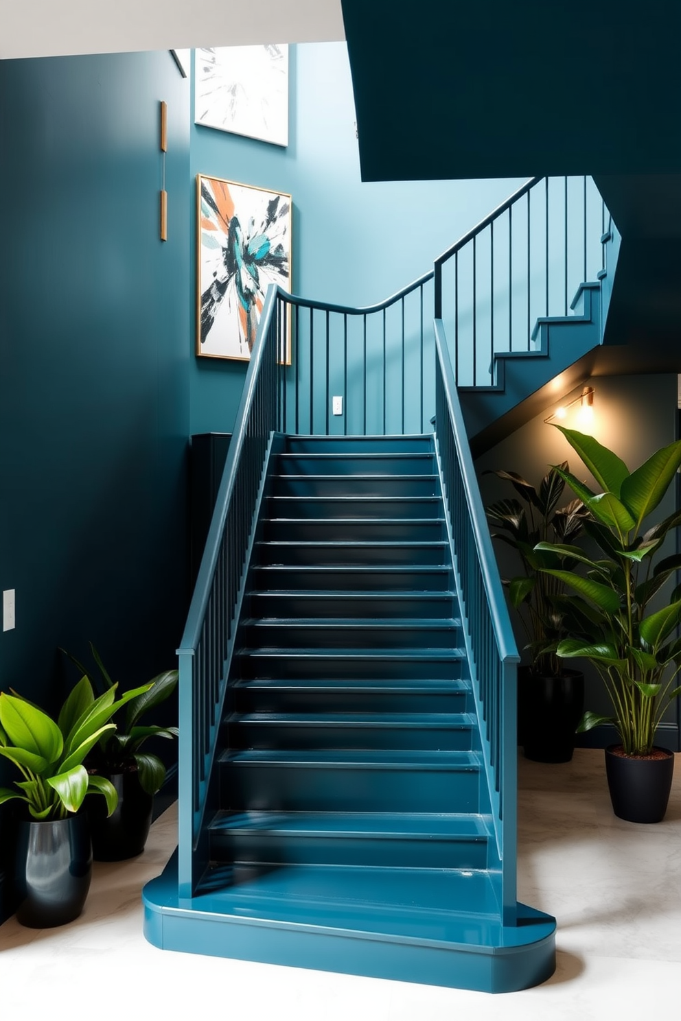 Bright jade green stairs lead up to a modern living space, featuring sleek metal railings that enhance the contemporary aesthetic. The walls are adorned with vibrant contemporary art pieces, creating a dynamic contrast with the staircase.