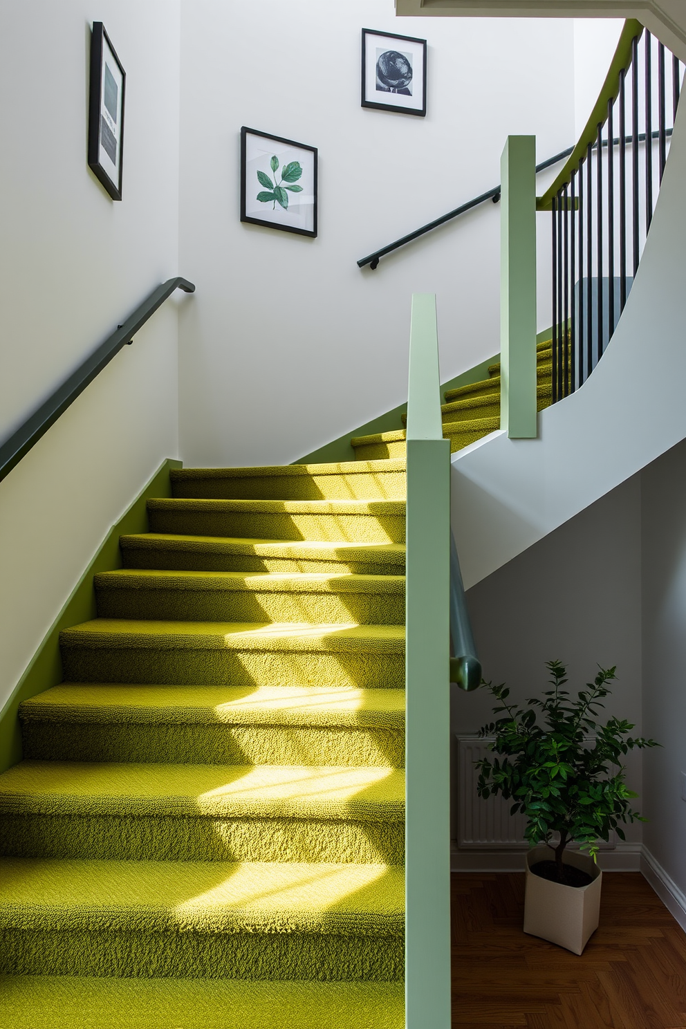 A moss green staircase with a minimalist design features sleek lines and a simple railing. The walls are adorned with subtle artwork that complements the green tones, creating a serene atmosphere. Natural light floods the space, highlighting the texture of the moss green steps. Below, a small potted plant adds a touch of greenery, enhancing the overall aesthetic.