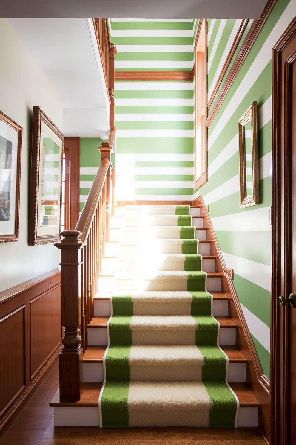 A stunning staircase design featuring bold green and white stripes that create a fresh and vibrant atmosphere. The staircase is framed by elegant wooden railings, with natural light streaming in from a nearby window, highlighting the unique pattern. The walls alongside the staircase are adorned with tasteful artwork that complements the green and white theme. A plush runner in coordinating colors adds warmth and texture, making the space inviting and stylish.