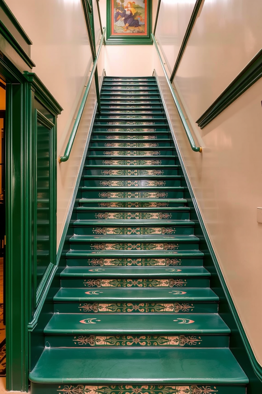 A vibrant green staircase with rustic charm features reclaimed wood railings that complement the lush greenery. The steps are painted in a rich emerald hue, creating a striking contrast against the natural wood tones. Surrounding the staircase, potted plants add a touch of life, while warm lighting highlights the textures of the rustic materials. The overall design invites a sense of warmth and connection to nature, making it a stunning focal point in any home.