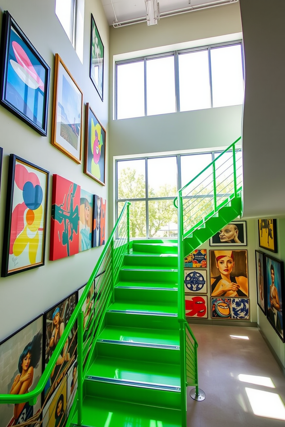 Chic dark green staircase with a sleek glass railing that enhances the modern aesthetic. The staircase features elegant lighting fixtures that illuminate the steps and create a warm ambiance. The walls are adorned with contemporary art pieces that complement the dark green color. A plush runner rug in a lighter shade runs along the center, adding texture and comfort to the design.