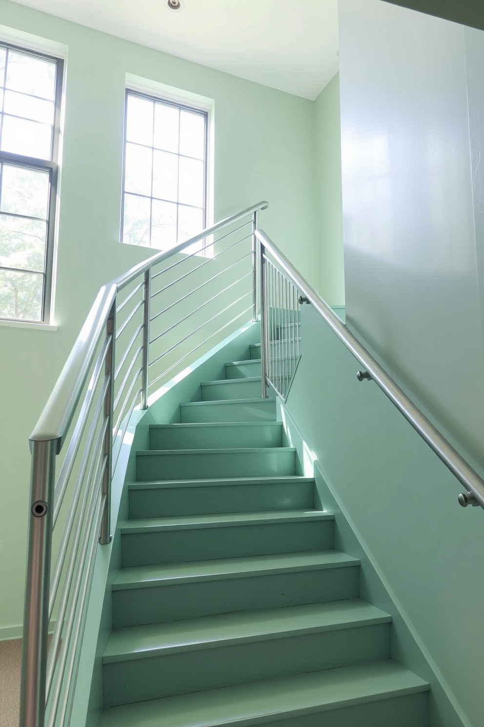 A light green staircase featuring sleek metallic railings and accents. Natural light pours in from a nearby window, illuminating the soft hues of the staircase and creating a fresh, airy atmosphere.