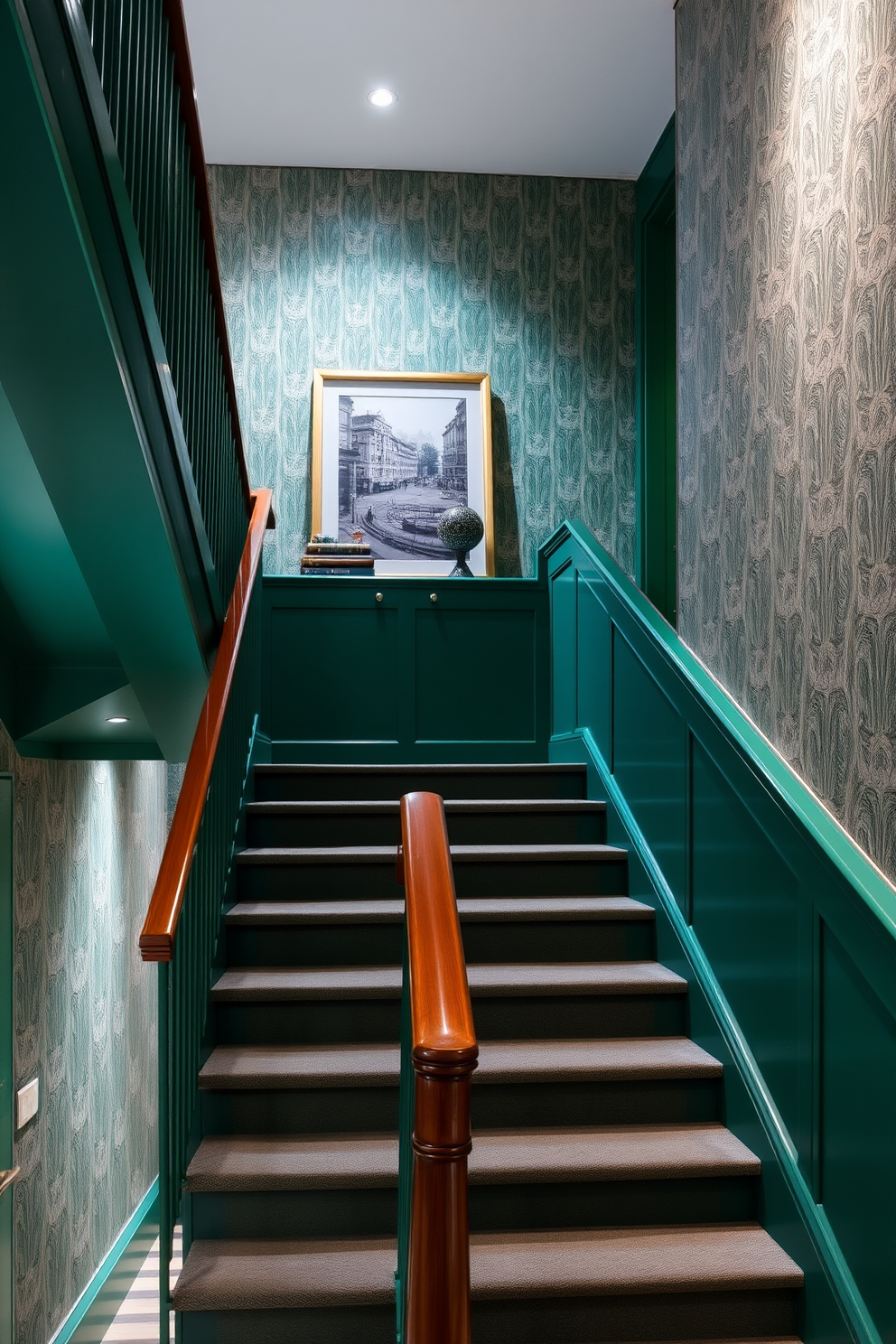 Emerald staircase with chic wallpaper. The staircase features a sleek design with a polished wooden railing and soft ambient lighting illuminating the space. The walls are adorned with a sophisticated wallpaper that complements the emerald hue, creating a luxurious atmosphere. Elegant artwork is displayed on the landing, enhancing the overall aesthetic of the staircase.