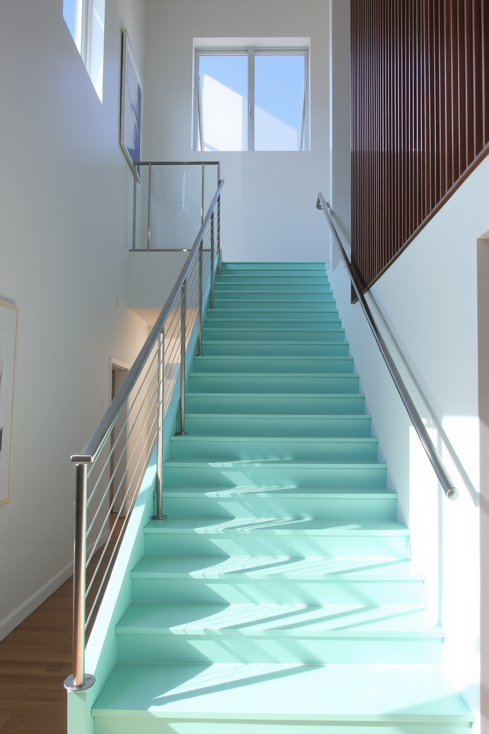 A vintage green staircase features retro tiles that create a charming and nostalgic atmosphere. The stairs are adorned with intricate patterns, and the banister is crafted from dark wood, adding warmth to the space. The walls alongside the staircase are painted in a soft cream color, enhancing the vintage feel. Decorative framed photos and artwork are displayed, inviting guests to appreciate the history and character of the home.