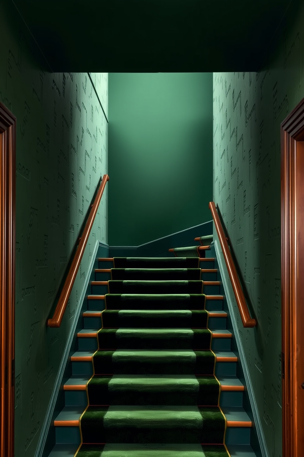 A rich green staircase ascends gracefully, surrounded by textured walls that add depth and interest. The staircase features elegant wooden railings and a plush runner that complements the rich hue of the walls.