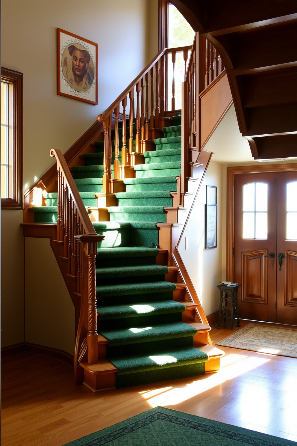 A cozy staircase featuring rich forest green carpeting that invites warmth and comfort. The staircase is framed by elegant wooden railings, enhancing the inviting atmosphere of the space. Natural light pours in from a nearby window, highlighting the lush green tones of the carpet. Decorative wall art in soft neutral colors complements the staircase, creating a harmonious and stylish entryway.