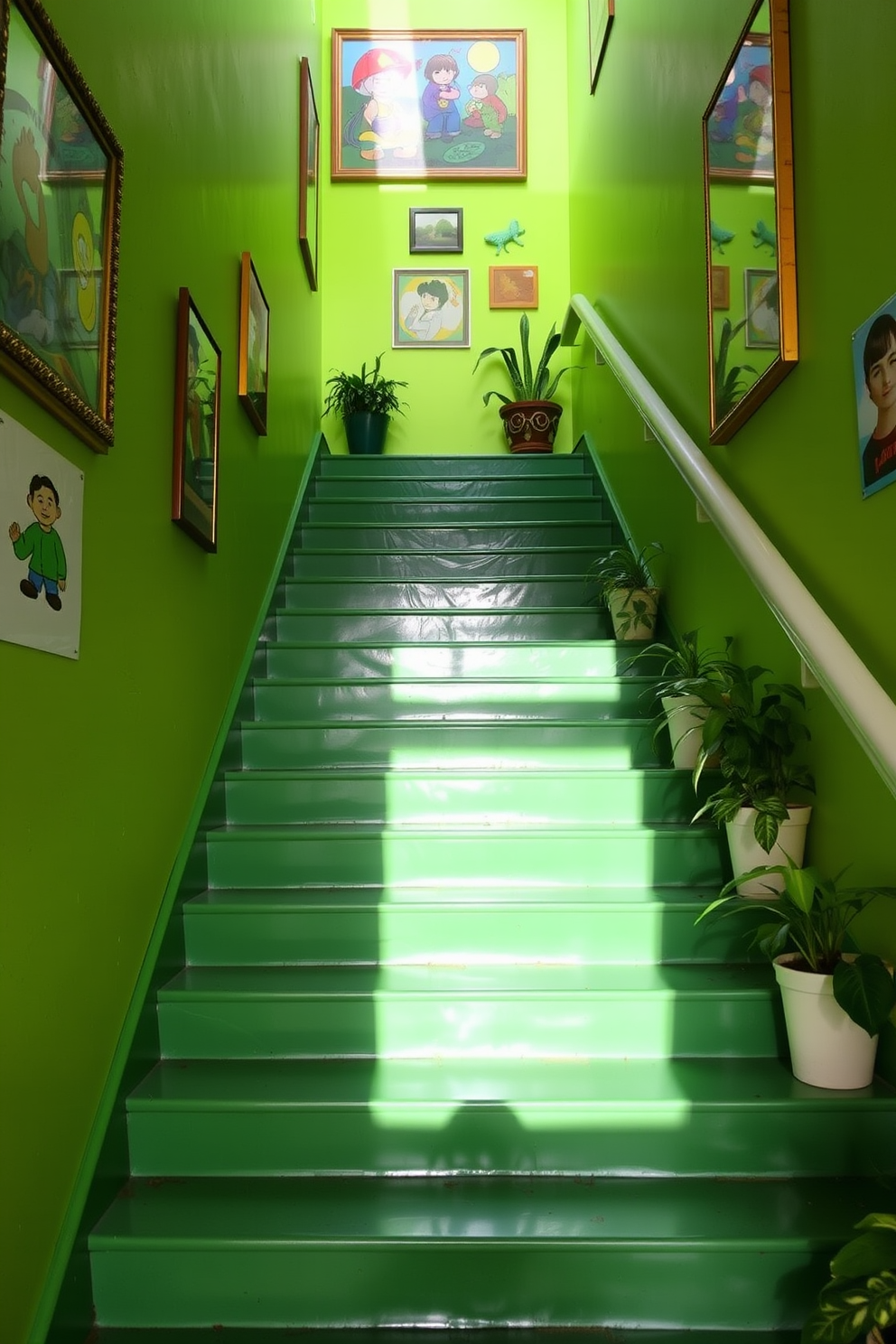 A vibrant green staircase features playful elements that create a lively atmosphere. The walls are adorned with colorful artwork, and decorative plants line the steps, enhancing the overall aesthetic.