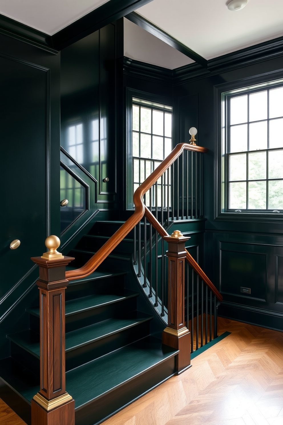 A dark green staircase with elegant gold fixtures creates a striking focal point in the home. The rich color of the staircase complements the warm glow of the gold accents, enhancing the overall sophistication of the space. The handrail is crafted from polished wood, contrasting beautifully with the dark green steps. Large windows on one side allow natural light to flood the area, highlighting the luxurious details of the design.