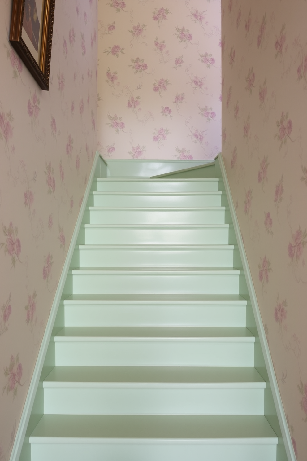 A charming staircase featuring pastel green steps that create a soft and inviting atmosphere. The walls are adorned with delicate floral wallpaper, adding a touch of elegance and whimsy to the space.