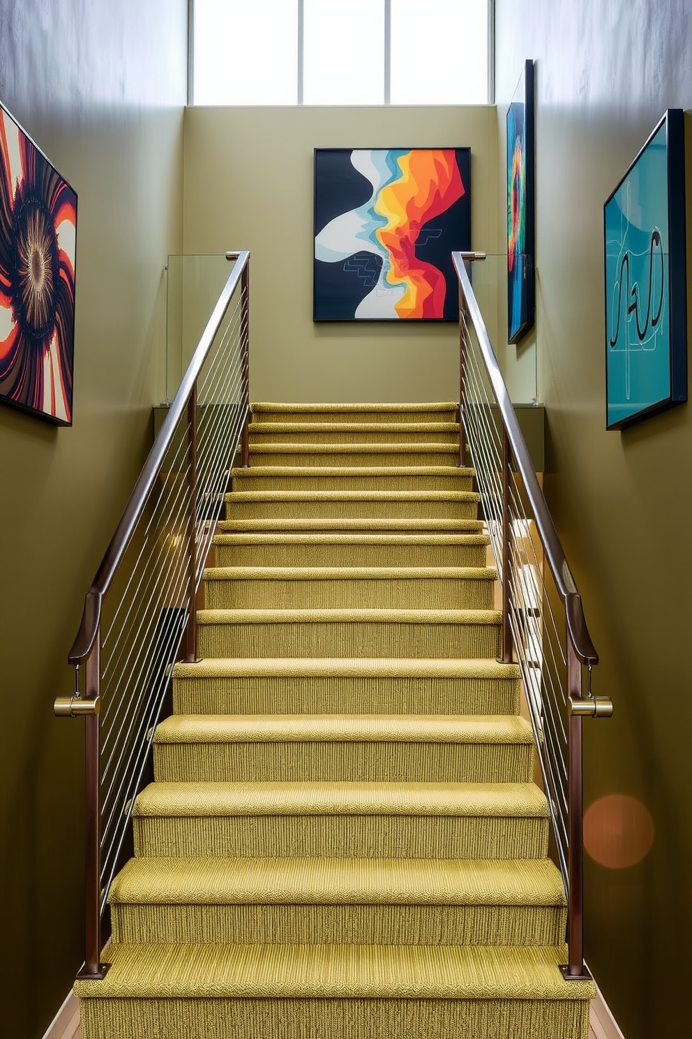 A striking olive green staircase ascends gracefully, flanked by sleek metal railings that enhance its contemporary aesthetic. Modern art pieces are strategically placed along the walls, adding vibrant splashes of color and visual interest to the space.