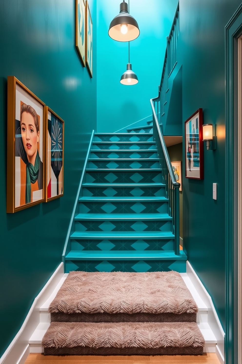 A striking teal staircase ascends gracefully, showcasing a curated display of modern artwork along the walls. The vibrant color of the staircase contrasts beautifully with the surrounding neutral tones, creating a bold focal point in the space. The design incorporates sleek lines and a minimalist aesthetic, allowing the artwork to take center stage. Thoughtfully placed lighting highlights each piece, enhancing the overall ambiance and inviting guests to appreciate the artistic elements.