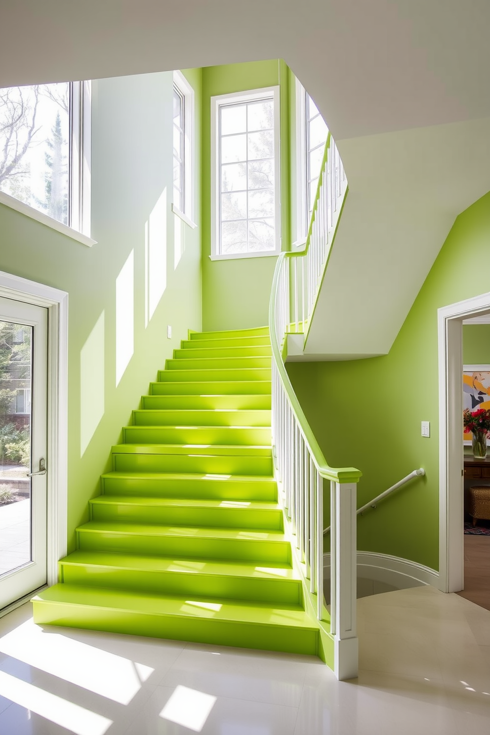 Sage green stairs lead elegantly to the upper level, creating a serene and inviting atmosphere. The neutral walls provide a perfect backdrop, enhancing the beauty of the staircase while maintaining a harmonious flow throughout the space.