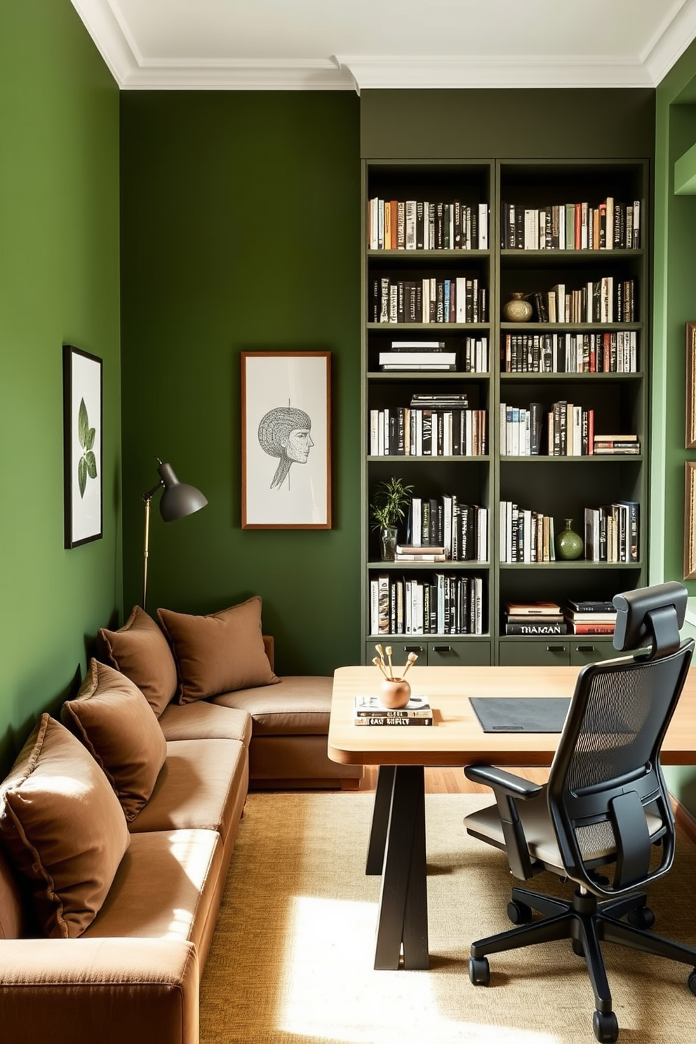 A serene study room featuring dark green walls accented by crisp white trim. The space includes a large wooden desk with a comfortable ergonomic chair and shelves filled with books and decorative items.